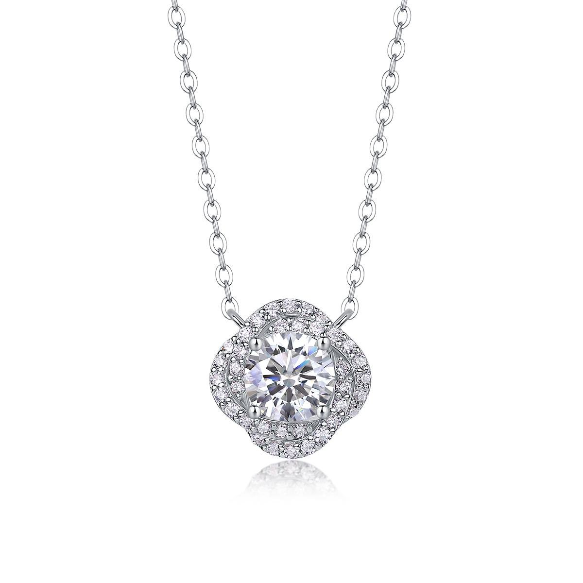 Fifty8 1ct Moissanite Flower Pendant Necklace, 925 Sterling Silver, Lucky Flower