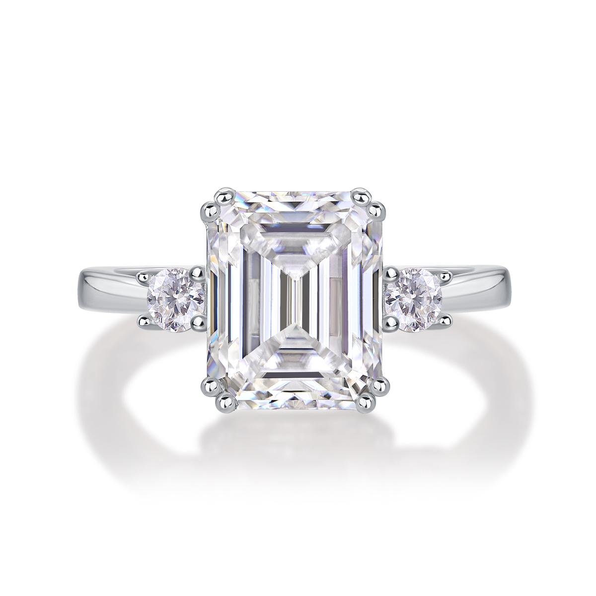 Fifty8 3ct DEW Emerald Cut Moissanite Ring, 925 Sterling Silver, CZ Sides, Token of Faith