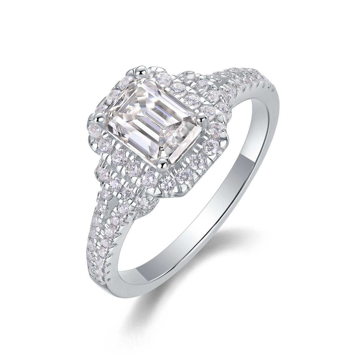 Fifty8 1ct DEW Emerald Cut Moissanite Halo Ring, 925 Sterling Silver, Dream Box
