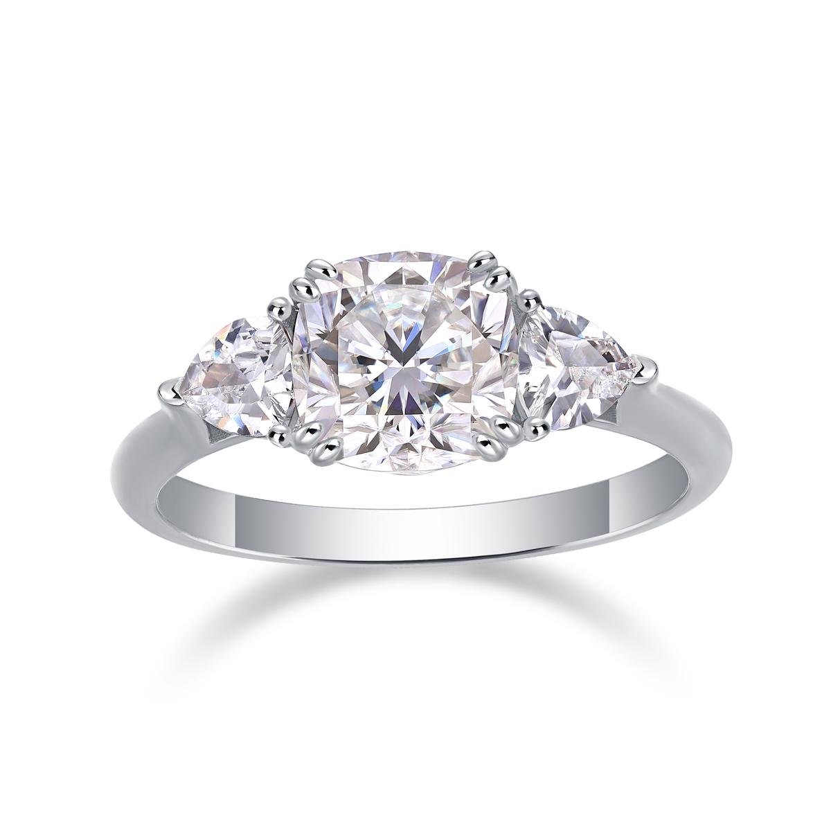 Fifty8 Round Moissanite Three-Stone Ring, 925 Sterling Silver, CZ Sides, Guardian