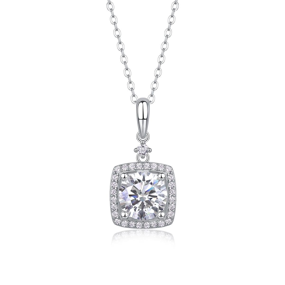 Fifty8 1ct DEW Moissanite Square Pendant Necklace, 925 Sterling Silver, Little Square Bag